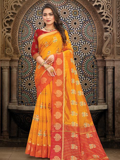 golden zari work woven saree - 18436516 - Very Small Image - 1