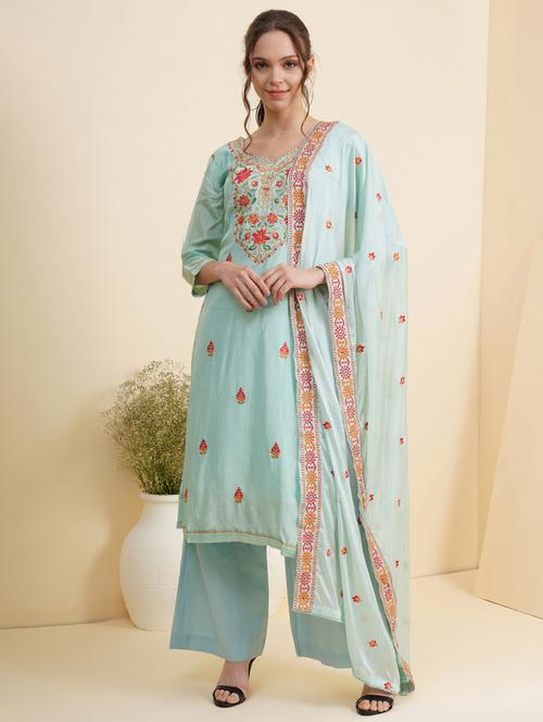 turquoise embroidered unstitched suit - 18436535 - Very Small Image - 1