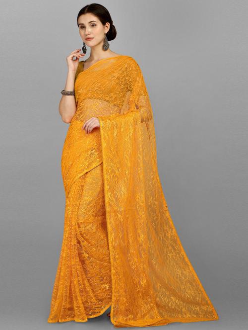 yellow self design net saree with blouse - 18436643 - Very Small Image - 1