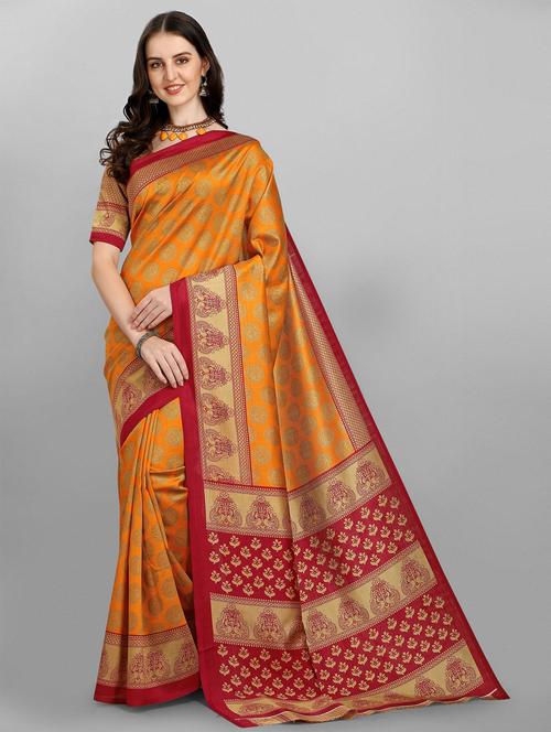 orange silk printed saree with blouse - 18436665 - Very Small Image - 1