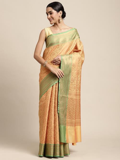 golden zari work woven saree with blouse - 18436717 - Very Small Image - 1