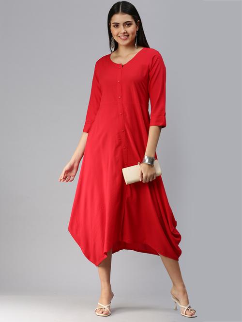 three quarter sleeved solid high low fusion dress - 18437162 - Very Small Image - 1