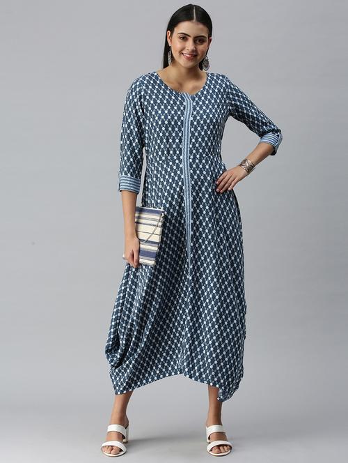 three quarter sleeved printed a-line fusion dress - 18437170 - Very Small Image - 1