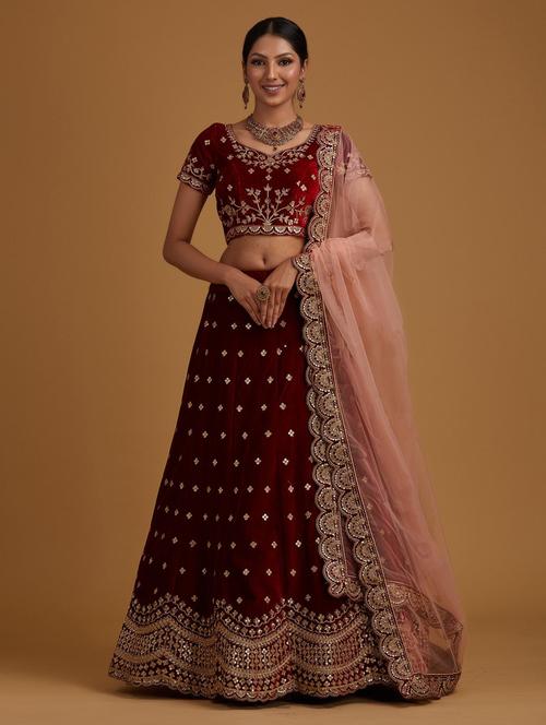 maroon satin flared lehenga - 18437196 - Very Small Image - 1