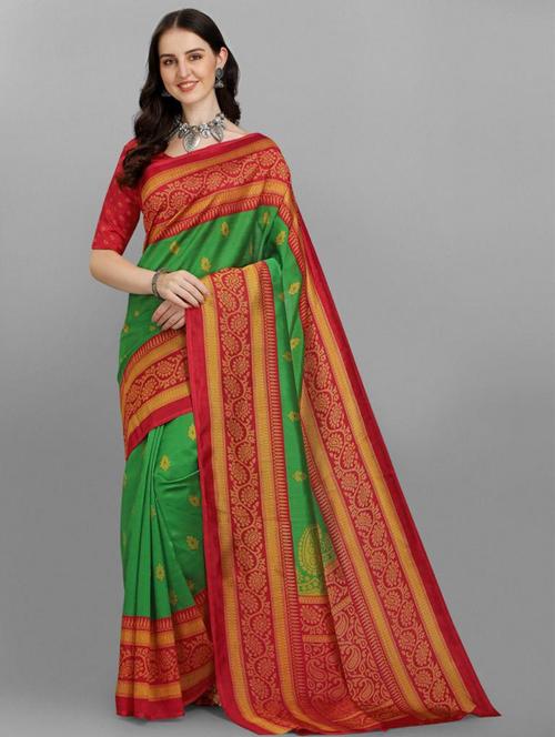 ethnic motifs contrast border printed saree with blouse - 18437375 - Very Small Image - 1