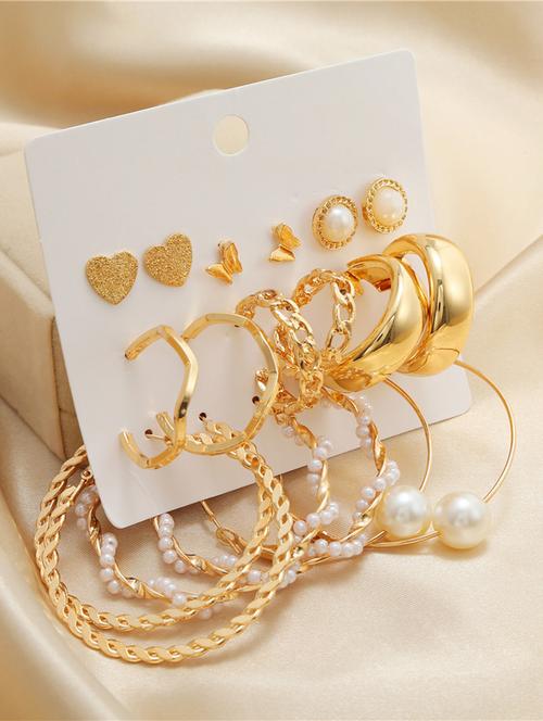 gold plated pearl 6 pair earrings hoop and stone stud earrings - 18438027 - Very Small Image - 1