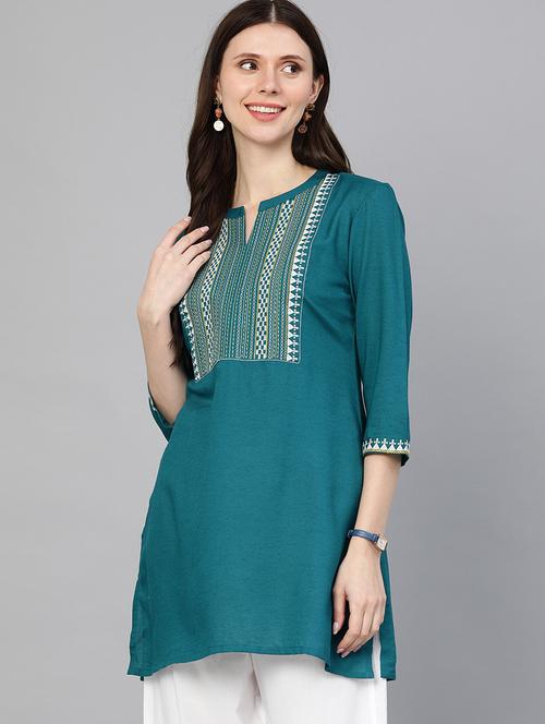 teal yoke embroidered straight kurti - 18438112 - Very Small Image - 1