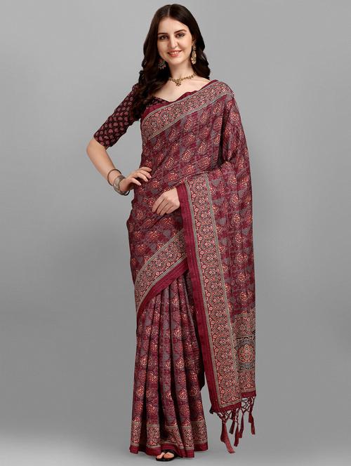 ethnic motifs maroon printed saree - 18438609 - Very Small Image - 1