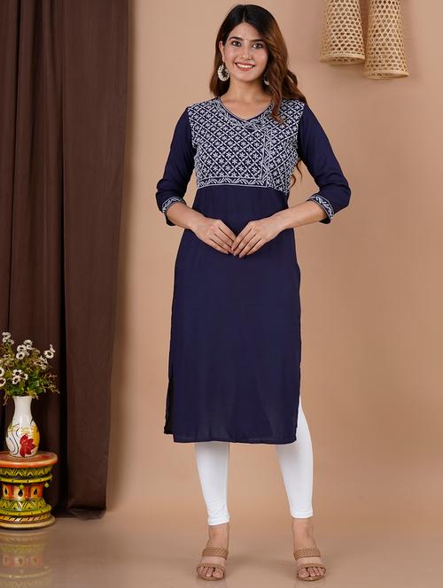 navy blue embroidered straight kurta - 18438802 - Very Small Image - 1