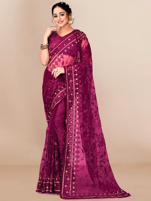 tonal embroidered net saree with blouse - 18438848 - Very Small Image - 1