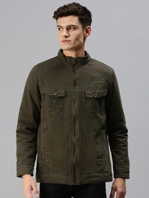 olive-green solid casual jacket - 18438960 - Very Small Image - 1