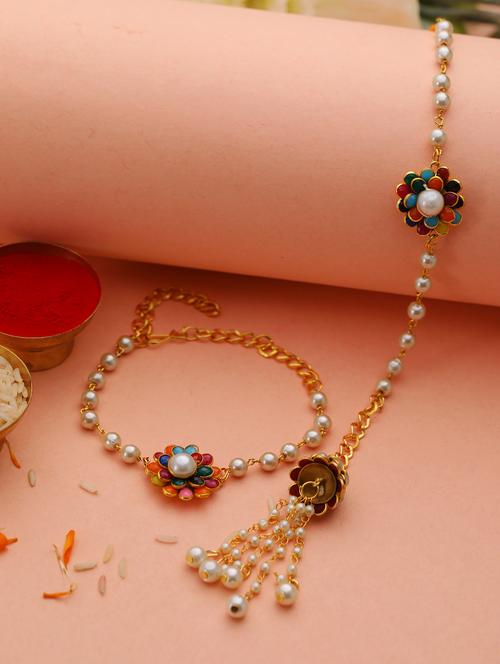 set of 2 multicolored & white pearl rakhi - 18438995 - Very Small Image - 1