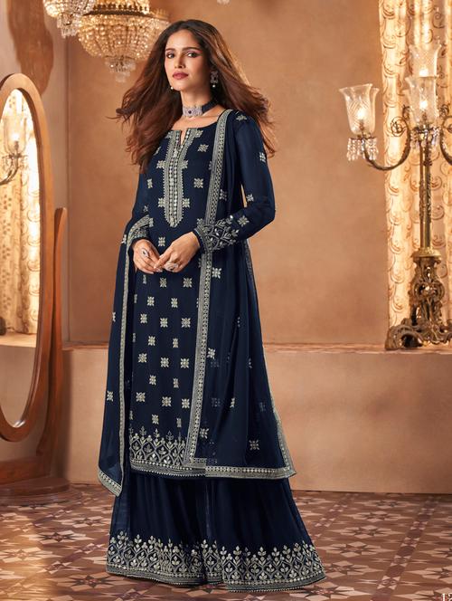 navy blue semi-stitched sharara suit set - 18439022 - Very Small Image - 1