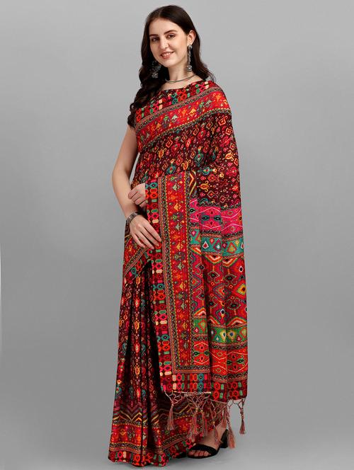ethnic motifs maroon printed saree - 18439024 - Very Small Image - 1