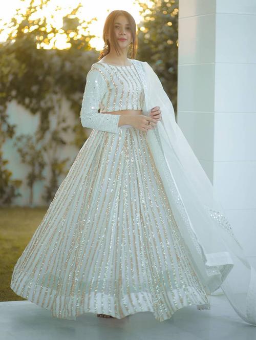 white embroidered & sequence work solid semi-stitched lehenga choli with dupatta - 18439039 - Very Small Image - 1