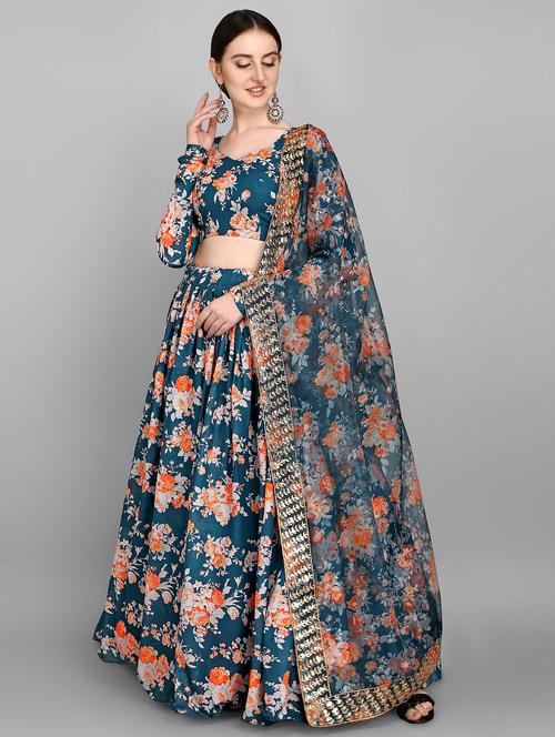 teal blue embroidered & sequence work floral semi-stitched lehenga choli with dupatta - 18439043 - Very Small Image - 1