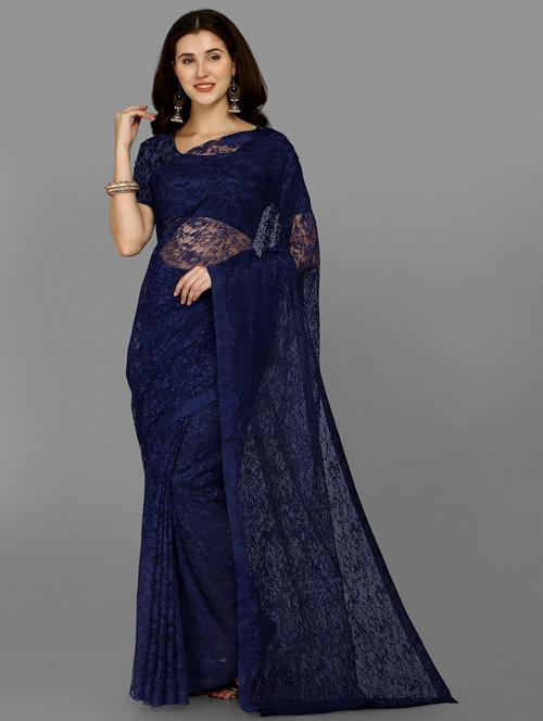 navy blue self design net saree - 18439119 - Very Small Image - 1