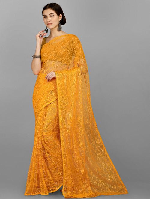 yellow self design net saree - 18439131 - Very Small Image - 1
