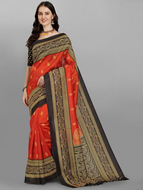 contrast bordered printed saree - 18439150 - Very Small Image - 1