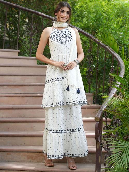 mirror work embroidered skirt top set with dupatta - 18439955 - Very Small Image - 1