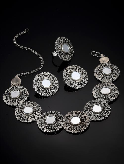 silver toned oxidised mirror studded choker set with ring - 18440732 - Very Small Image - 1