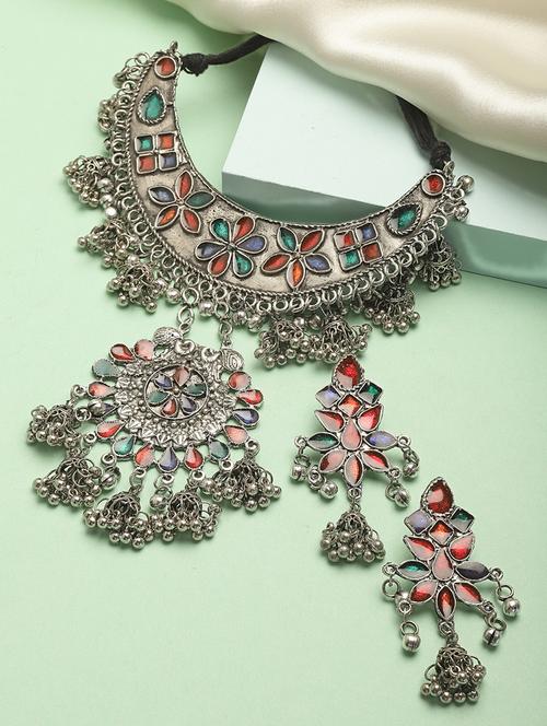 silver-toned oxidised meena studded choker set with dome shape jhumki - 18440748 - Very Small Image - 1