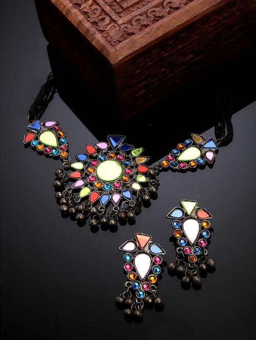 oxidised round multicolor mirror studded necklace earring set - 18440752 - Very Small Image - 1