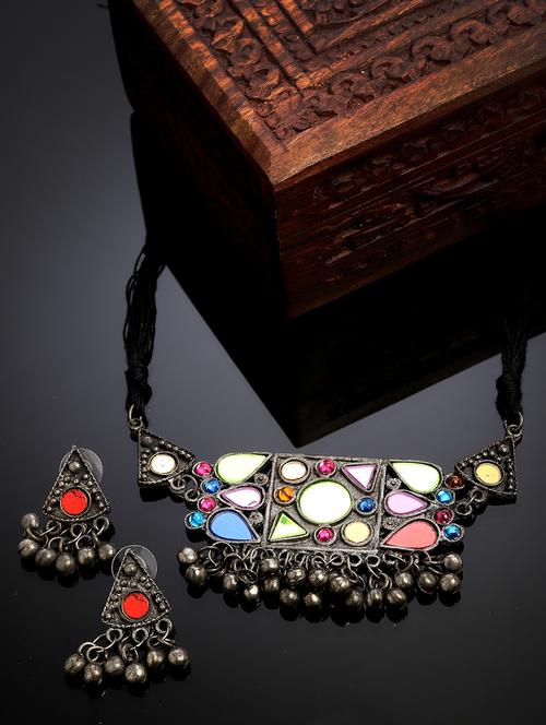 oxidised multicolor mirror studded necklace and earring set - 18440753 - Very Small Image - 1