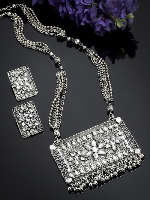 silver toned oxidised stone studded necklace earring set - 18440771 - Very Small Image - 1
