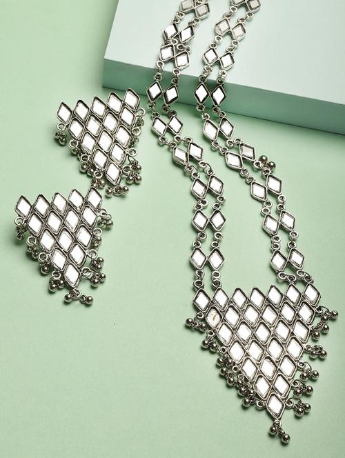 silver-toned oxidised triangle mirror studded earring necklace set - 18440773 - Very Small Image - 1