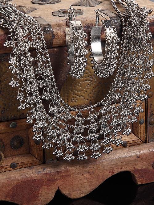 oxidised silver-toned necklace earring set - 18440781 - Very Small Image - 1