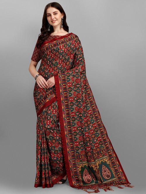 kaantha work maroon printed saree - 18441597 - Very Small Image - 1