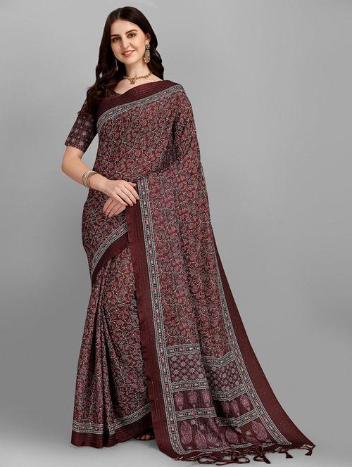 kaantha work maroon printed saree - 18441603 - Very Small Image - 1