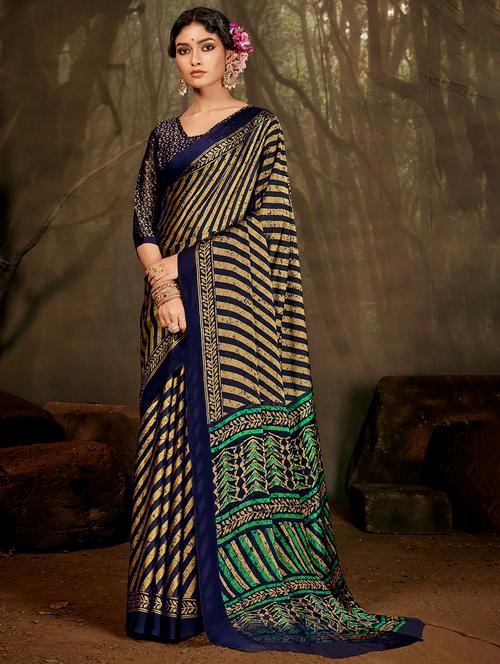 contrast bordered printed saree with blouse - 18441974 - Very Small Image - 1