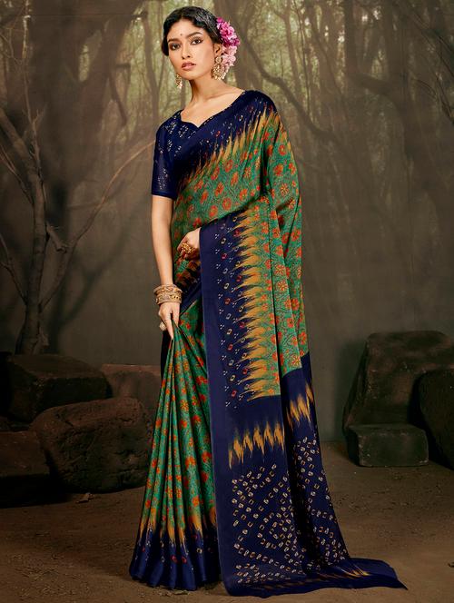 contrast bordered printed saree with blouse - 18441976 - Very Small Image - 1