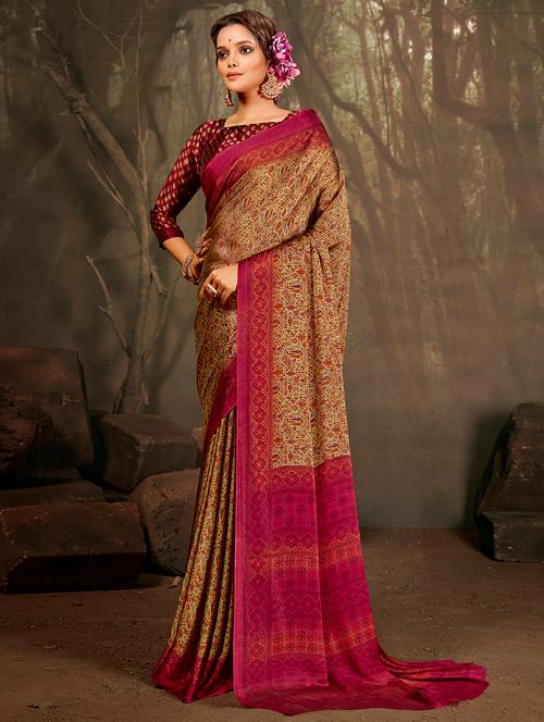 contrast bordered printed saree with blouse - 18441980 - Very Small Image - 1