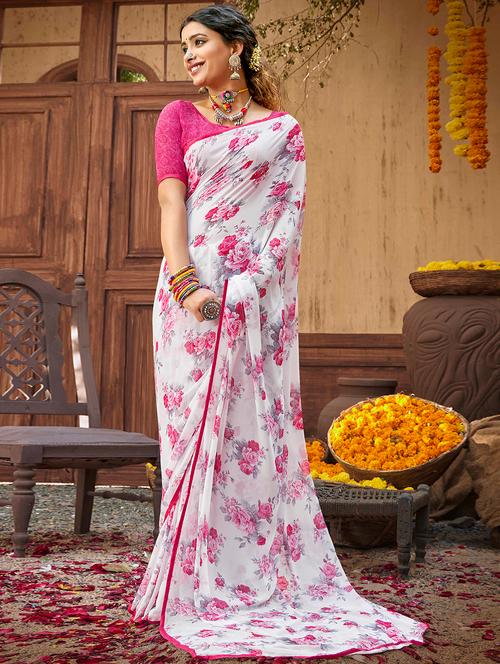 floral printed saree with blouse - 18441983 - Very Small Image - 1