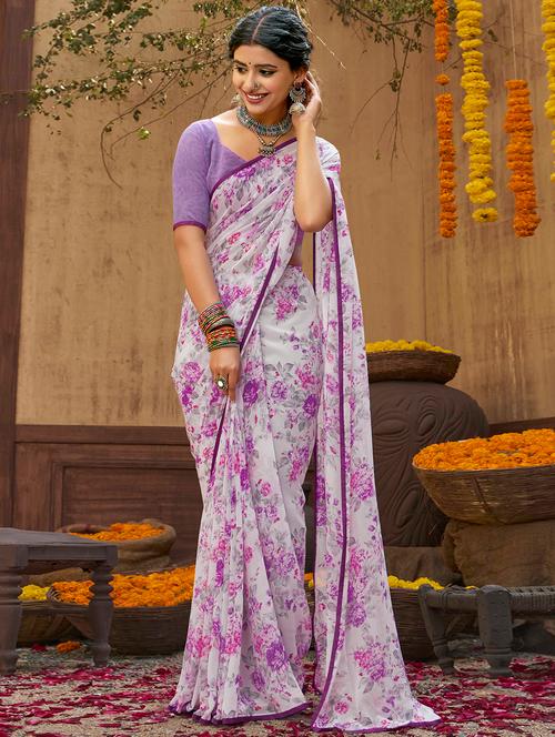 lavender floral printed saree with blouse - 18441986 - Very Small Image - 1