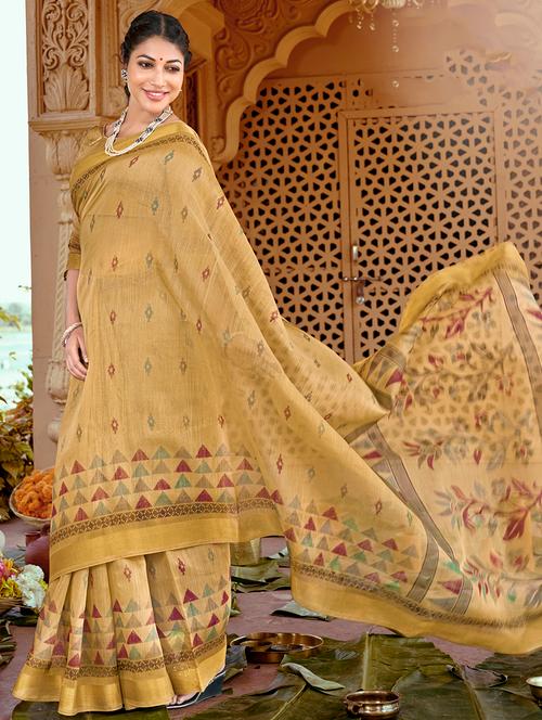 zari work block printed saree with blouse - 18441992 - Very Small Image - 1