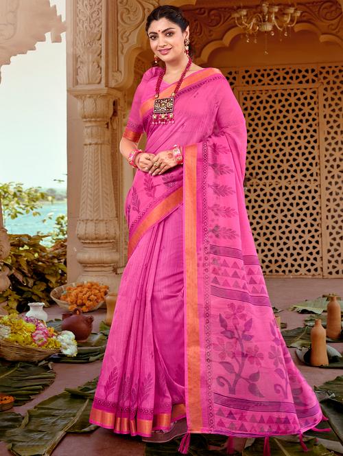 zari work block printed saree with blouse - 18441996 - Very Small Image - 1