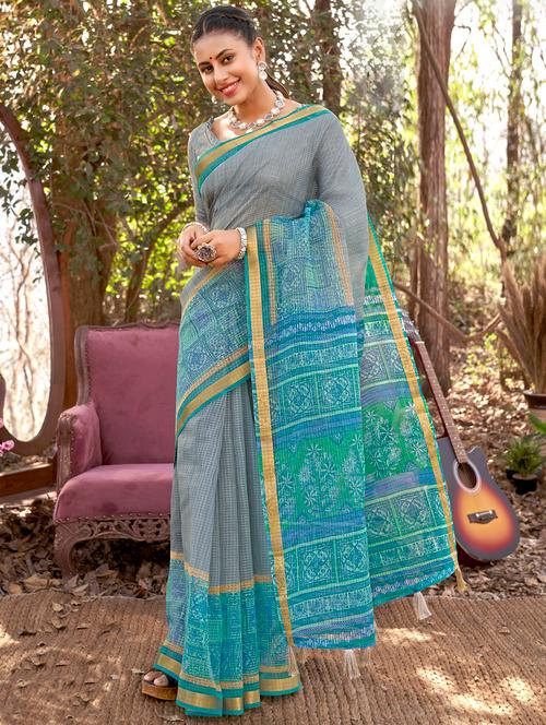 contrast bordered checkered saree with blouse - 18442012 - Very Small Image - 1