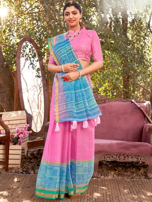 contrast bordered checkered saree - 18442016 - Very Small Image - 1