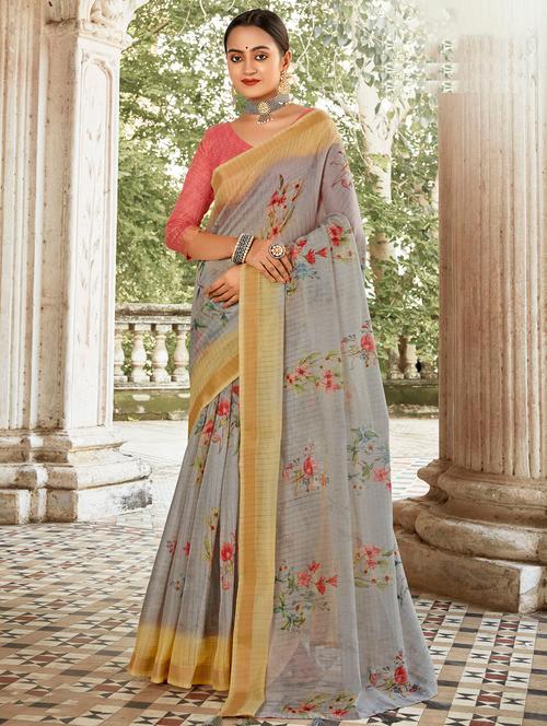 golden zari work printed saree with blouse - 18442035 - Very Small Image - 1