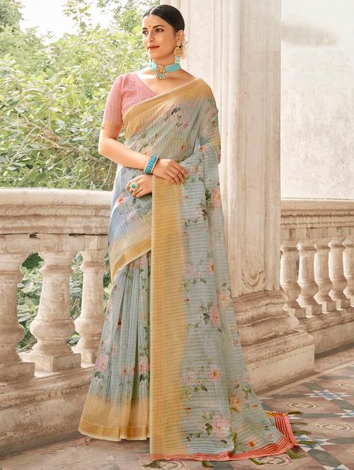 golden zari work printed saree with blouse - 18442037 - Very Small Image - 1
