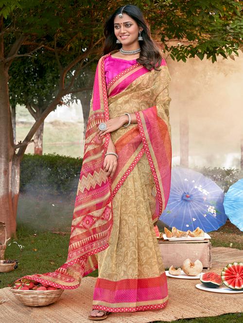 lace bordered printed saree with blouse - 18442057 - Very Small Image - 1