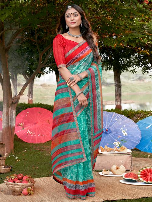 lace bordered printed saree with blouse - 18442058 - Very Small Image - 1