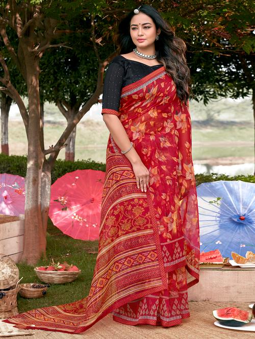 lace bordered printed saree with blouse - 18442061 - Very Small Image - 1