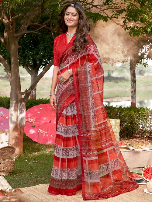 lace bordered printed saree with blouse - 18442066 - Very Small Image - 1