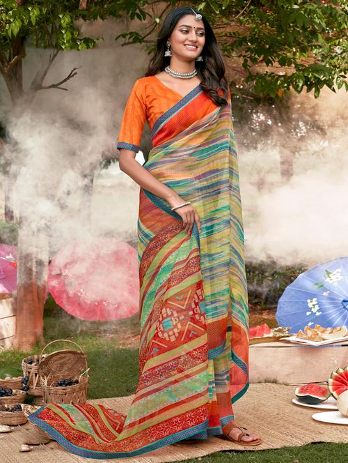 lace bordered printed saree - 18442068 - Very Small Image - 1
