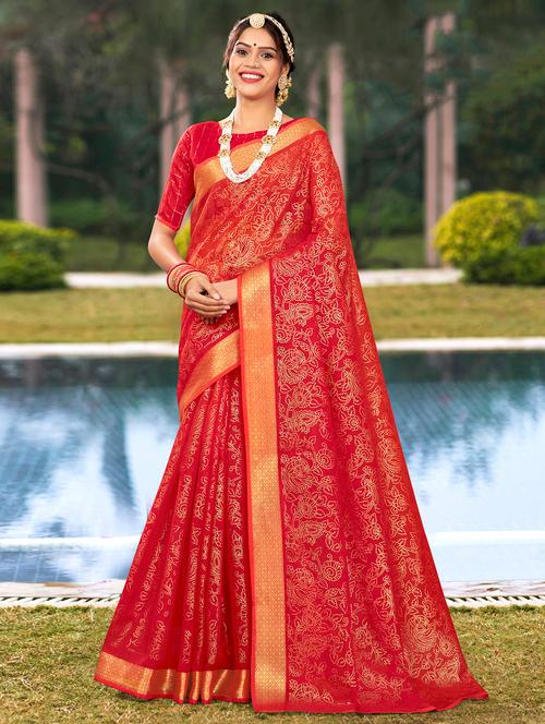 golden zari work printed saree with blouse - 18442135 - Very Small Image - 1